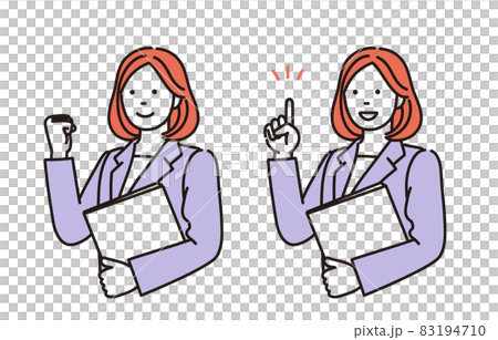 A simple illustration of a business woman holding a document aside and explaining or doing a guts pose 83194710