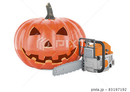 Halloween pumpkin with chainsaw, 3D rendering Halloween pumpkin with chainsaw, 3D rendering 83197192