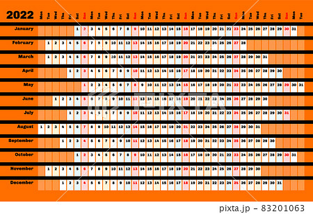 Black linear calendar 2022 with days and months color coding. 83201063