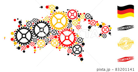 Wheel Composition Saint John Island Map in German Flag Colors and Grunge Seals 83201141