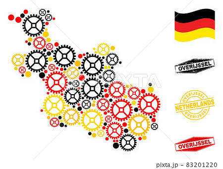 Gear Collage Overijssel Province Map in German Flag Colors and Grunge Stamps 83201220
