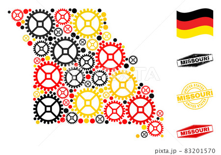 Cog Collage Missouri State Map in German Flag Colors and Grunge Stamps Cog Collage Missouri State Map in German Flag Colors and Grunge Stamps 83201570