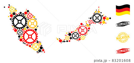 Gearwheel Collage Malaysia Map in German Flag Colors and Grunge Seals 83201608