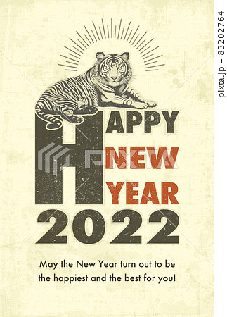 2022年 年賀状テンプレート「アンティークデザイン」シリーズ HAPPY NEW YEAR　英語添え書き付きパターン