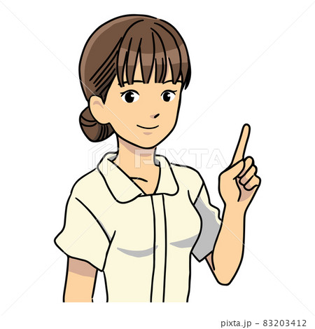 指差しポーズをする笑顔の女性看護師のイラスト素材 3412