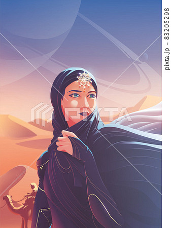 a beautiful arab lady is traveling with a caravan to join a pilgrimage to a sacred place in another world 83205298