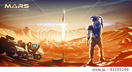 The scientific vector illustration of a colony on Mars in the near future features the launching mission of the rocket into the atmosphere in one of the colonies. 83205299