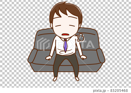 （全身正面）疲れて溜息をつきながらソファでだらけて座る男性 83205468