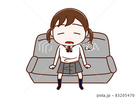 （全身正面）疲れて溜息をつきながらソファでだらけて座る女子学生 83205470