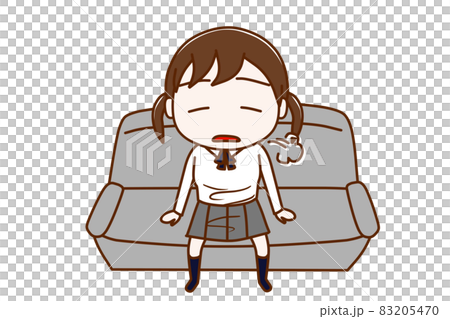 （全身正面）疲れて溜息をつきながらソファでだらけて座る女子学生 83205470