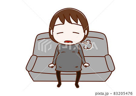 全身正面 疲れて溜息をつきながらソファでだらけて座る妊婦のイラスト素材 5476
