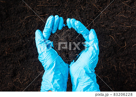 farmer or researcher woman wear gloves holding abundance fertile black soil 83206228