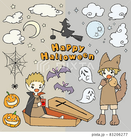 ハロウィンのかざりイラスト ドラキュラと狼男の仮装 背景ありのイラスト素材 6277