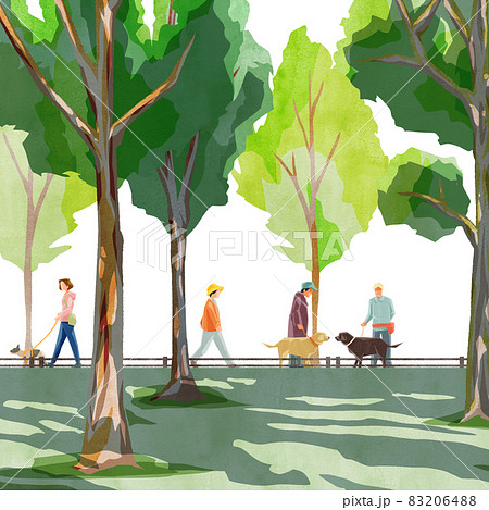木漏れ日のある公園の手書き水彩風イラストのイラスト素材 64