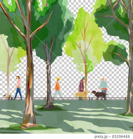 Handwritten watercolor style illustration of a park with sunlight through the trees 83206488