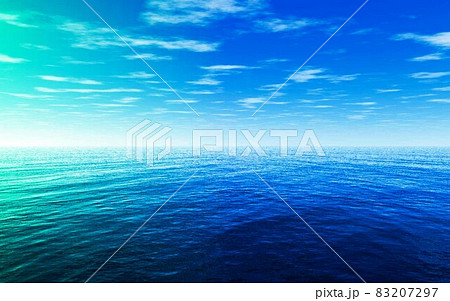 青の世界 青い空 青い海 空に浮かぶ白い雲 水平線上には白い靄 穏やか