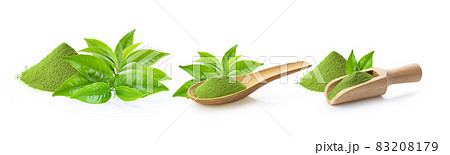 green tea leaf and matcha green tea powde on white background green tea leaf and matcha green tea powde on white background 83208179