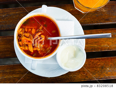Russian meat soup Solyanka with assorted meat 83208518