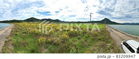 京丹後市久美浜町　神崎から見た久美浜湾とかぶと山　のどかな田園風景　パノラマ 83209947