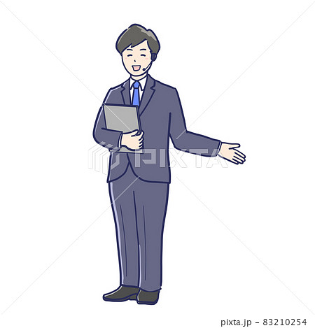 ヘッドセットをつけて説明するスーツ男性のイラストのイラスト素材