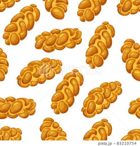 Holiday jewish braided loaf Challah seamless pattern. Saturday bread on white isolated background. Vector cartoon illustration of food. 83210754