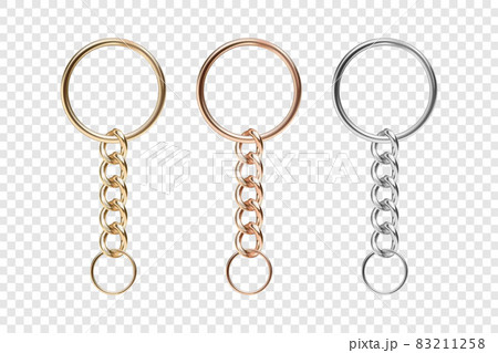 Vector 3d Realistic Metal Golden, Silver Chain Keychain, Ring Icon Set Closeup Isolated. Stainless Steel Chains, Chains Key Holder Design Template. Key Rings 83211258