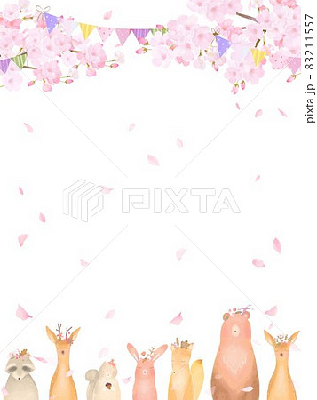 森の動物が満開の桜の木の下にいる春の北欧風かわいいフレームイラストベクター素材  83211557