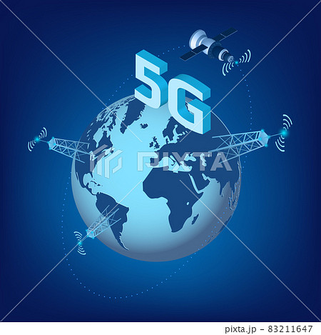 5G LTE technology of high speed data transmission with isometric satellite flying around the planet Earth and transmission towers. Design element for website or banner. Vector illustration. 83211647