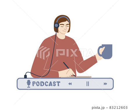 A young girl in headphones listens to a podcast, learns, makes records and holds a mug in her hand. Webinar, online training, tutorial podcast concept. Vector illustration in flat style. 83212603