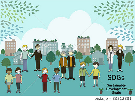緑と人との共生、行政と企業の連携を意識した街並みのイラスト(SDGsのイメージ) 緑と人との共生、行政と企業の連携を意識した街並みのイラスト(SDGsのイメージ) 83212881