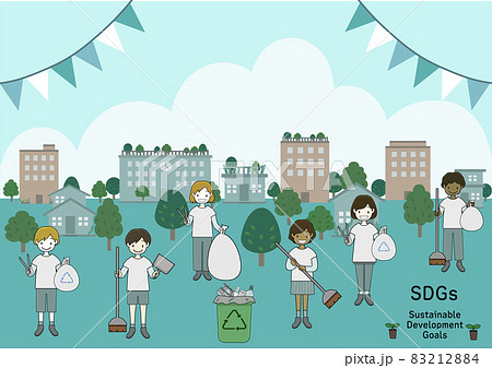 ゴミ拾い 清掃をする子供達と街並みのイラスト Sdgsのイメージ のイラスト素材 2124
