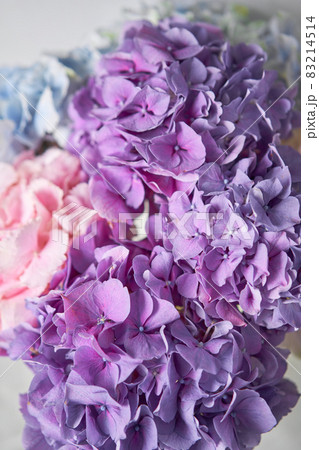 Bouquet of purple and pink flower. Beautiful hydrangea flowers in a vase on a table. Decoration of home. Wallpaper and background. 83214514