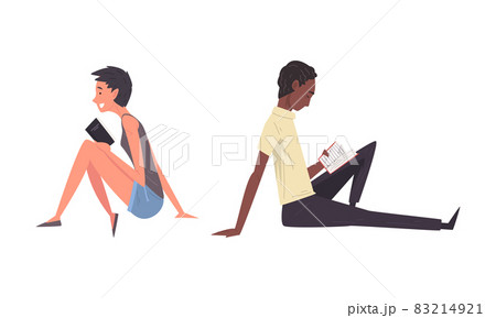 Young Man and Woman Sitting and Reading Book Vector Set 83214921