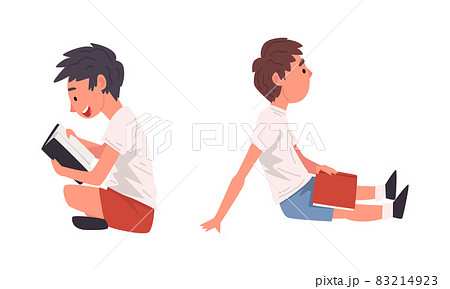 Little Boy Sitting and Reading Book Vector Set 83214923