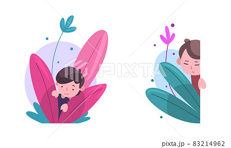 Cute Boy Hiding in Fairy Bush Vector Set 83214962