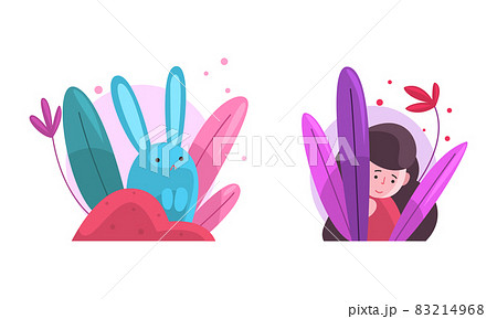 Cute Girl and Bunny Hiding in Fairy Bush Vector Set Cute Girl and Bunny Hiding in Fairy Bush Vector Set 83214968