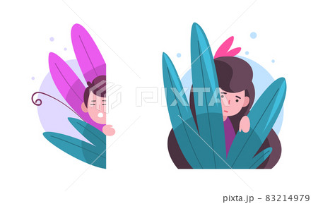 Cute Boy and Girl Hiding in Fairy Bush Vector Set 83214979