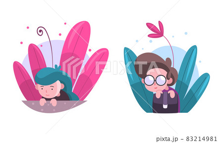 Cute Boy and Girl Hiding in Fairy Bush Vector Set 83214981