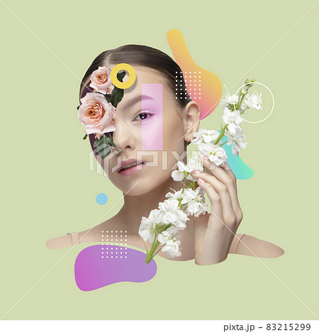 Contemporary art collage of beautiful girl with tender flowers and colorful splashes isolated over pastel background 83215299