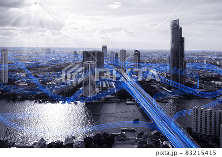 Black and white smart city with data communication flow network, communication technology concept 83215415