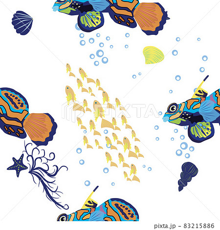 Mandarin fish seamless patterns. beautiful character among seashells, seaweed, starfish, sea animal wildlife character. Nature underwater, marine wild ocean zoo fish 83215886