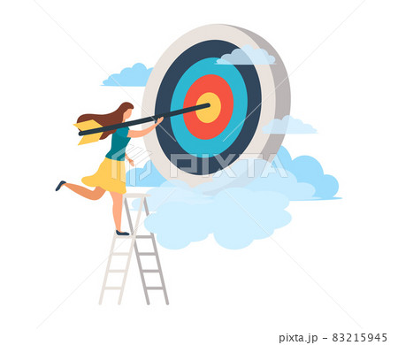 A man with an arrow is running towards his goal along a winding road, motivation is advancing, the path to achieving the goal is high, through clouds or stairs, steps of achievement, steps 83215945