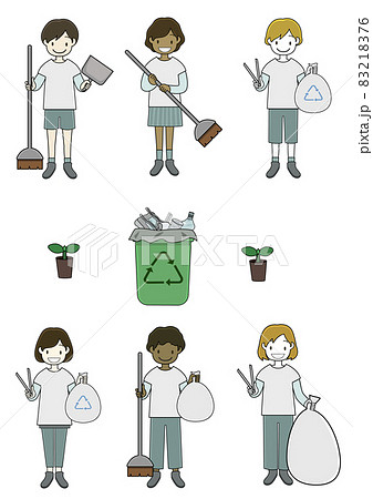 ゴミ拾いのボランティアをする子供達とゴミ箱のイラストセット 83218376