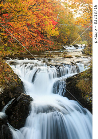 北海道伊達市、優雅な雰囲気を醸し出す三階滝と紅葉【10月】 83218716