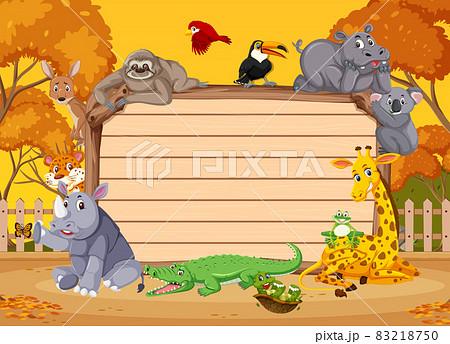 Empty wooden board with various wild animals in the forest 83218750