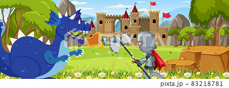 Knights fight with dragon at the castle Knights fight with dragon at the castle 83218781