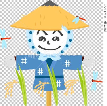 田んぼに立つ案山子と赤とんぼ 83219275