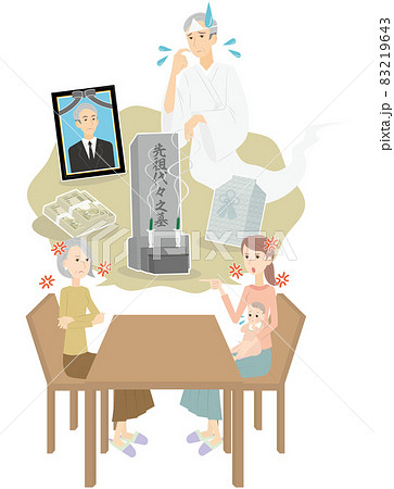 家族の死亡後の財産分与について言い争う親子 83219643