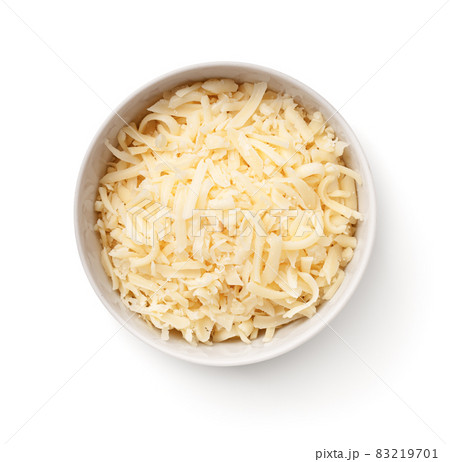 Grated Gouda Cheese In White Bowl Isolated 83219701