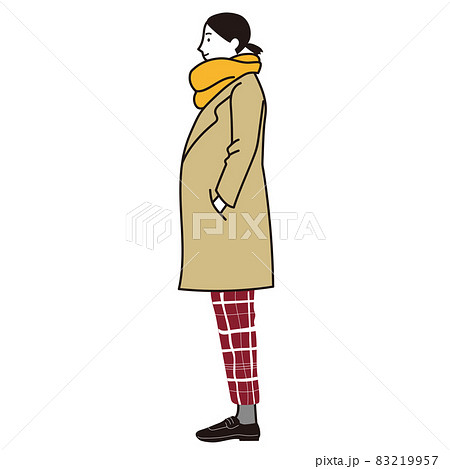 コートとマフラーを着た横向きの女性の線画ベクターのイラスト素材